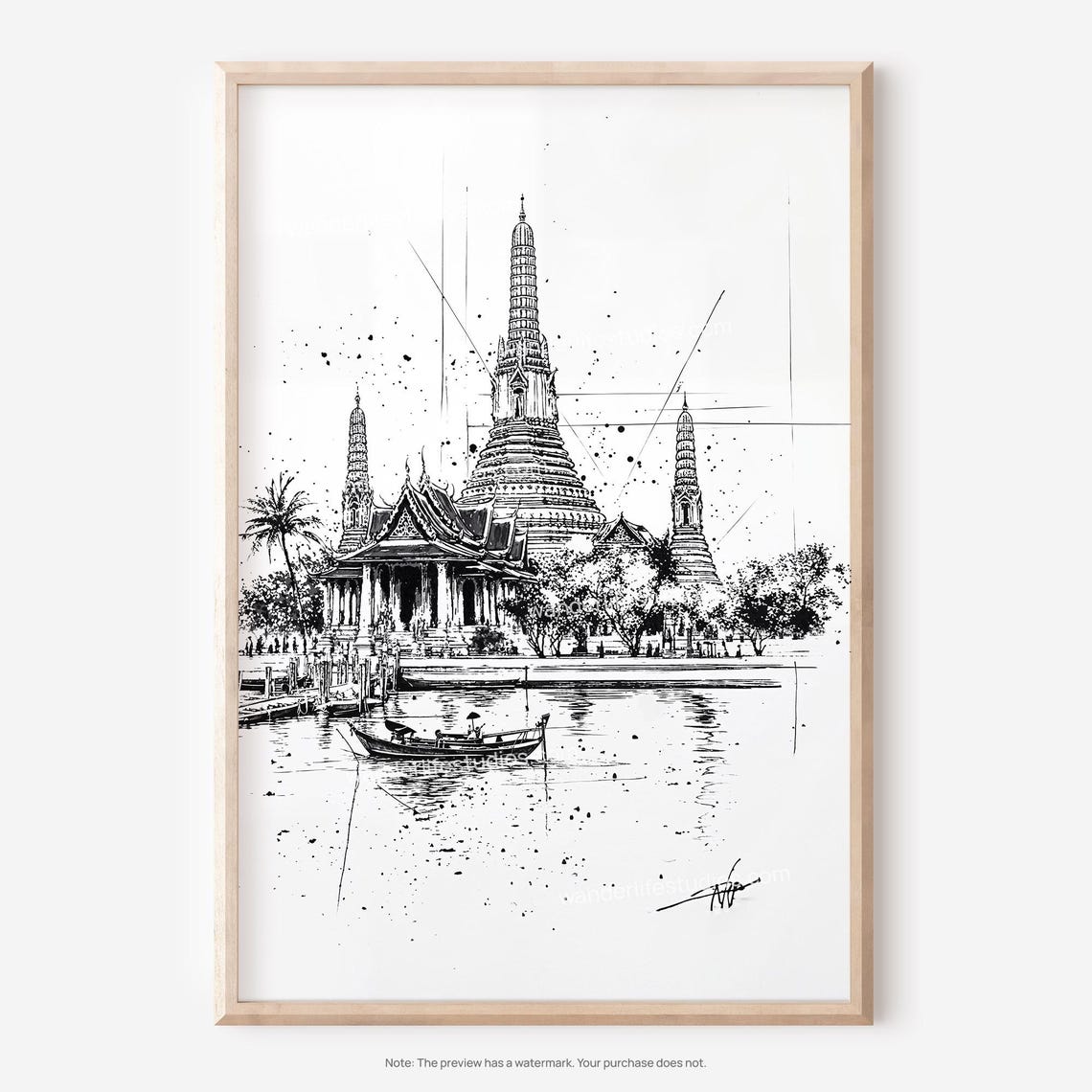 Wat Arun Bangkok Temple Riverside Pencil Drawing Sketch Poster