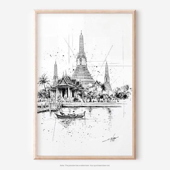 Wat Arun Bangkok Temple Riverside Pencil Drawing Sketch Poster