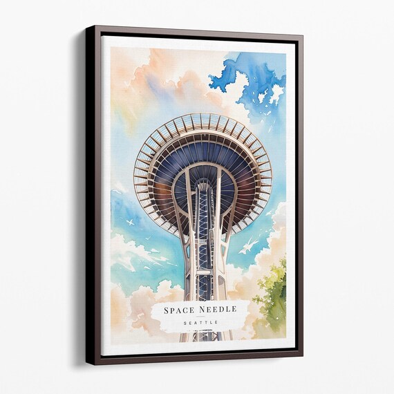 Seattle Space Needle Watercolor Landmark Architecture Travel Poster