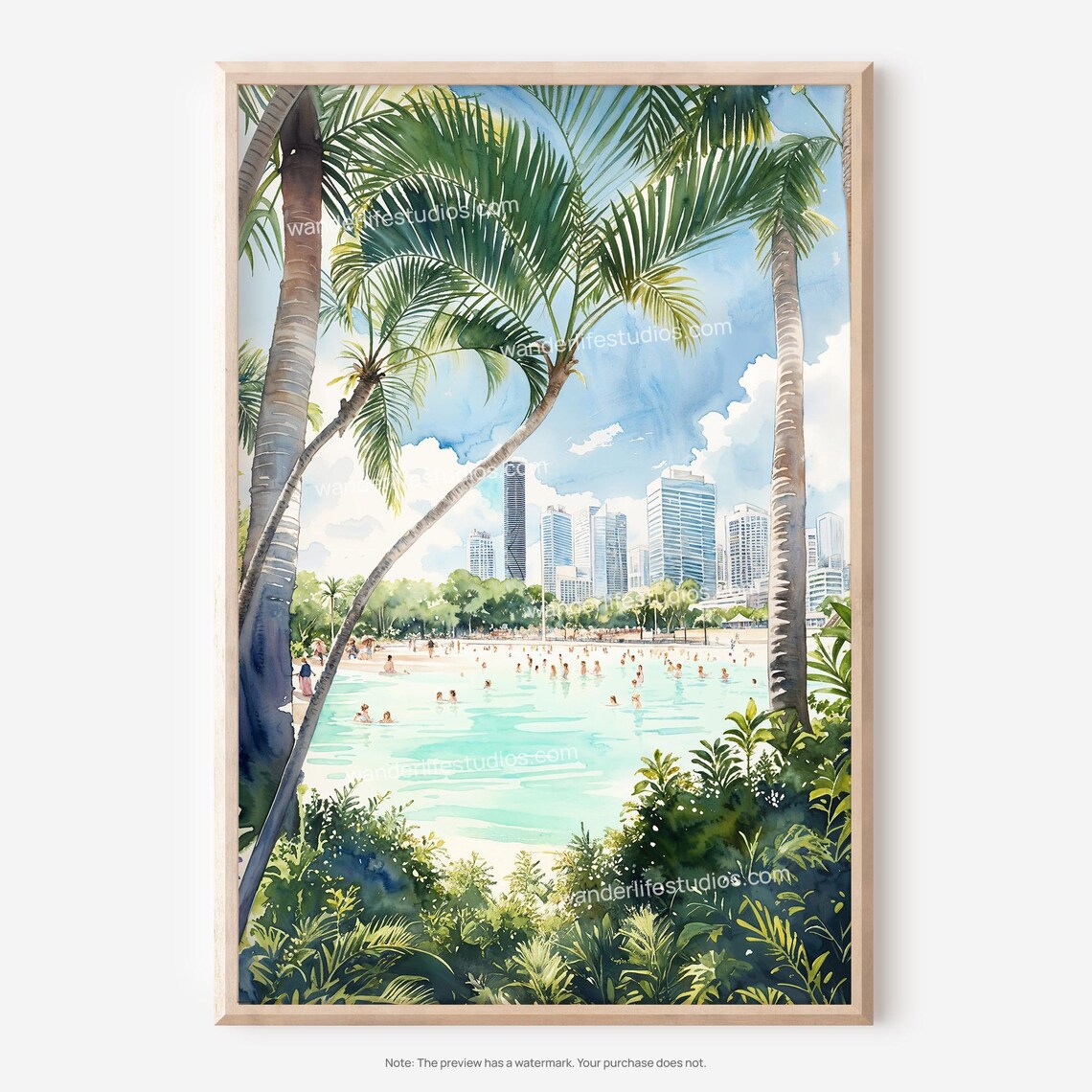 Tropical Beach Palm Lagoon City Skyline Watercolor Travel Poster
