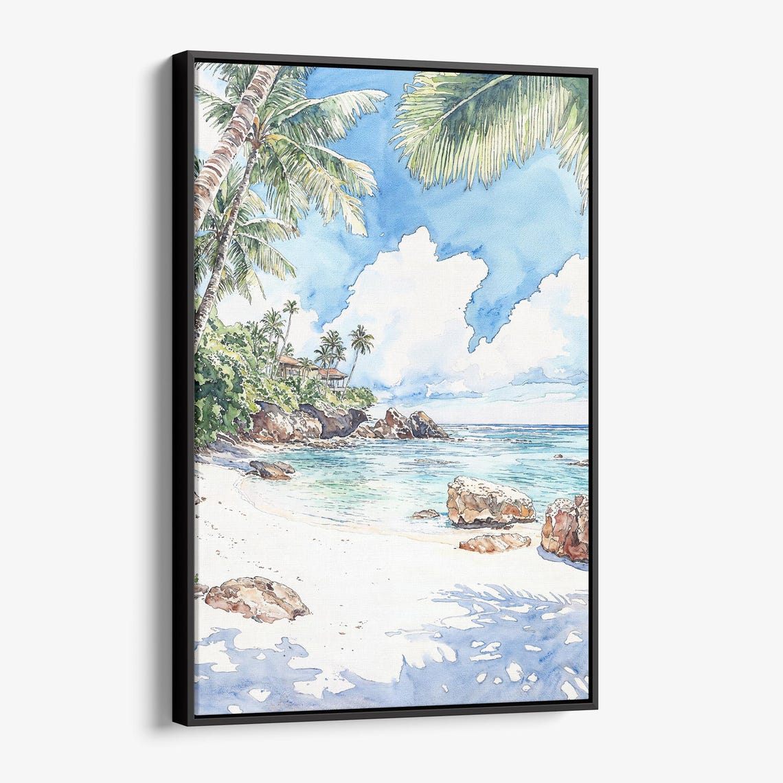 Hawaii Tropical Beach Watercolor Palm Trees Turquoise Ocean Poster