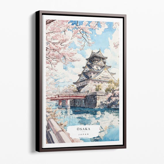 Osaka Castle Canvas Art Print Watercolor Cherry Blossoms Wall