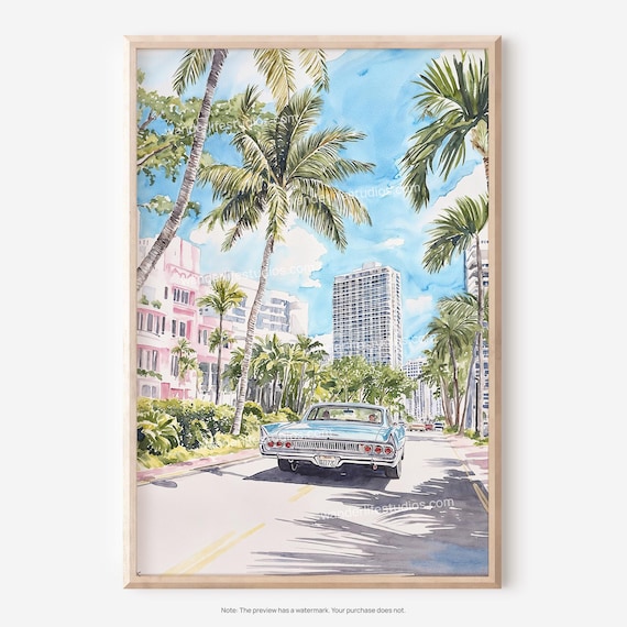 Miami Palm Trees Classic Car Art Deco Watercolor Travel Poster