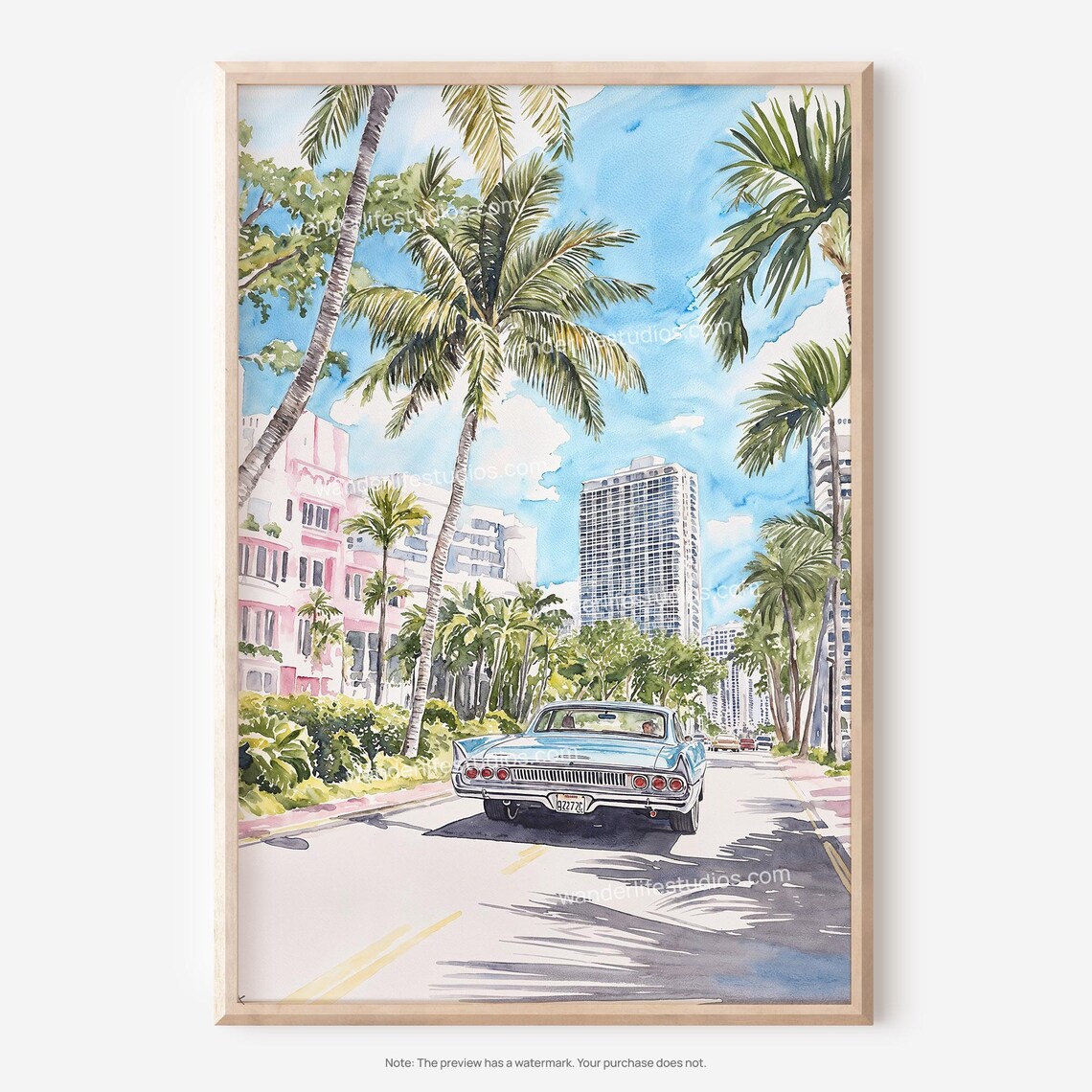 Miami Palm Trees Classic Car Art Deco Watercolor Travel Poster