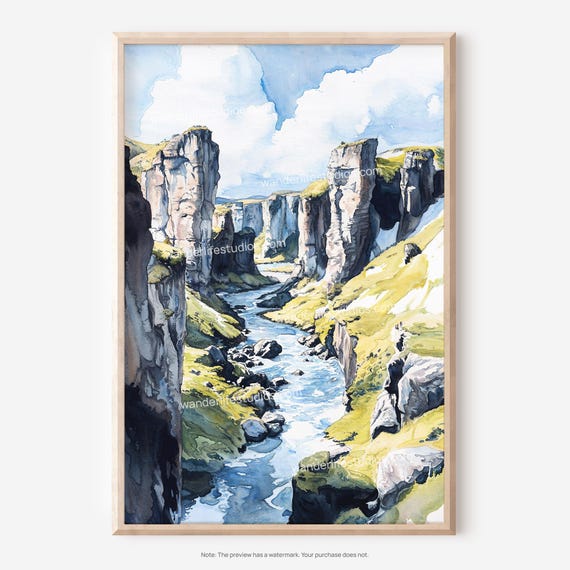 Fjadrargljufur Canyon Watercolor Wall Art For Instant Printing