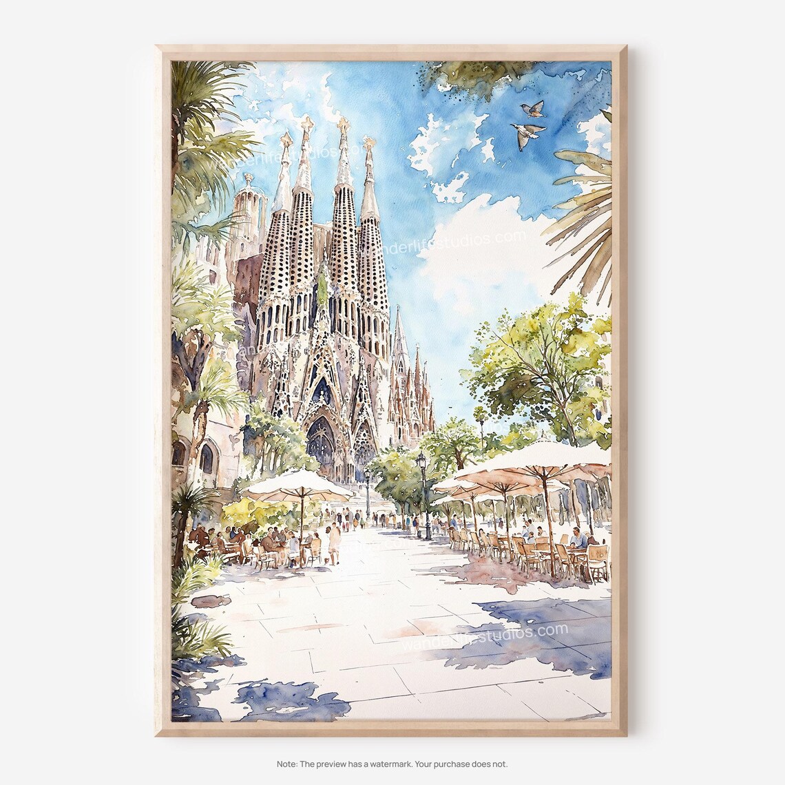 Sagrada Familia Barcelona Basilica Watercolor Plaza Art Poster