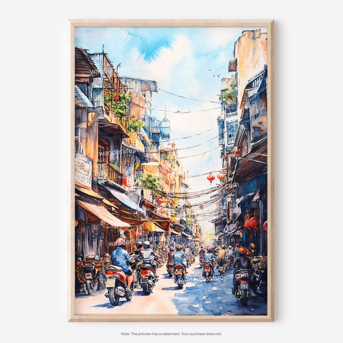 Hanoi Old Quarter Motorbike Street Watercolor Vietnam City Poster