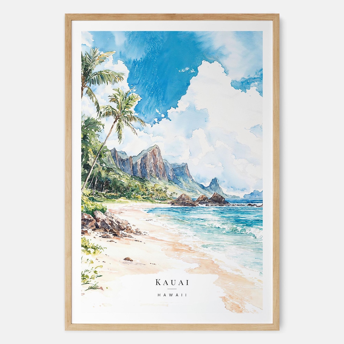 Kauai Hawaii Tropical Beach Palm Trees Watercolor Travel Poster
