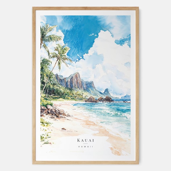 Kauai Hawaii Tropical Beach Palm Trees Watercolor Travel Poster