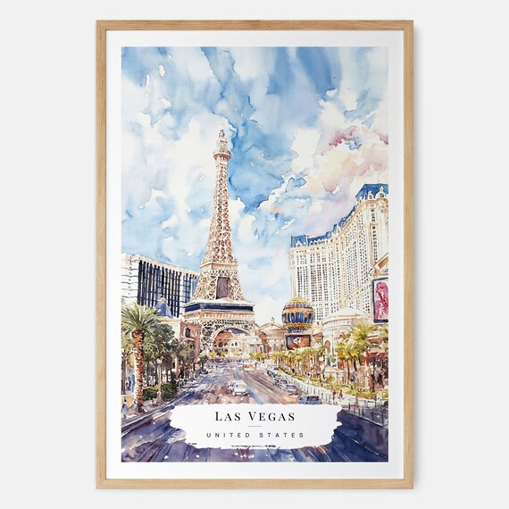 Las Vegas Watercolor With Paris Hotel Eiffel Tower And Strip Travel Poster