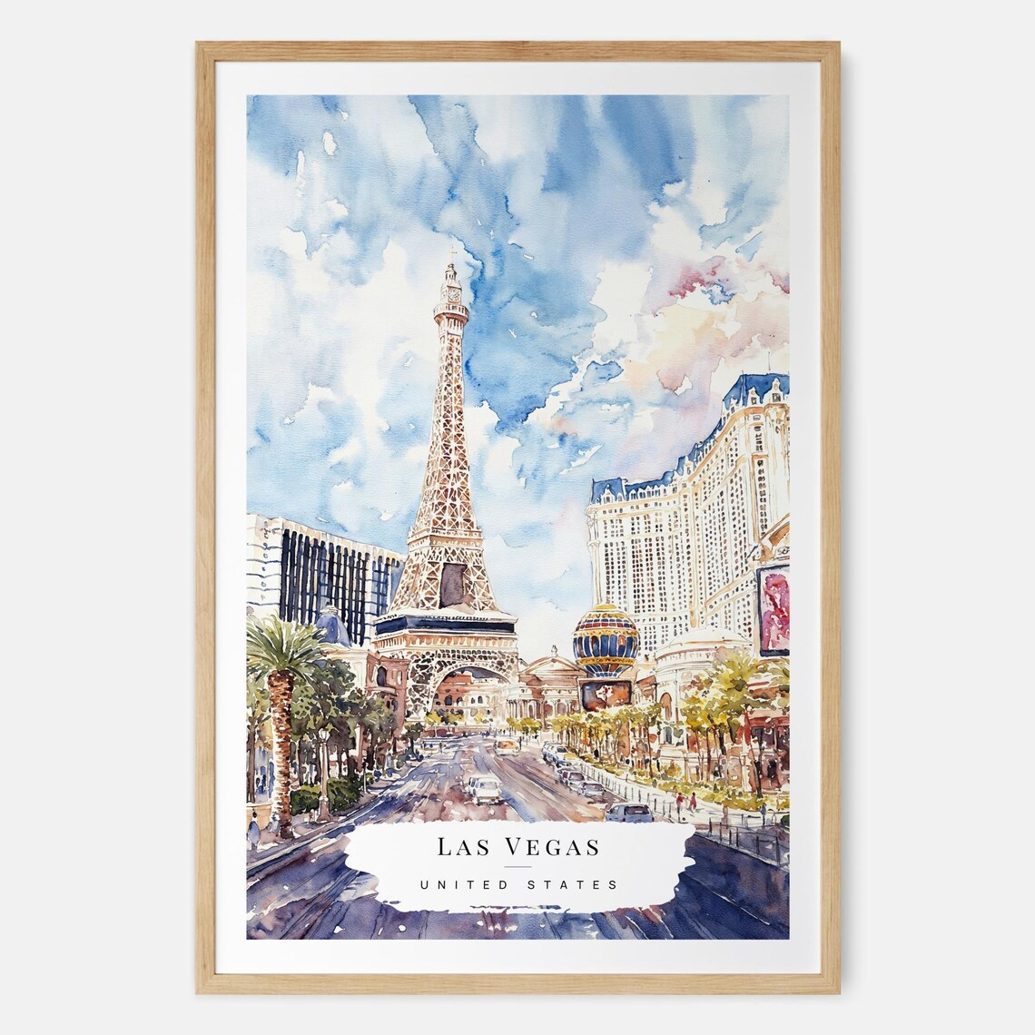 Las Vegas Watercolor With Paris Hotel Eiffel Tower And Strip Travel Poster
