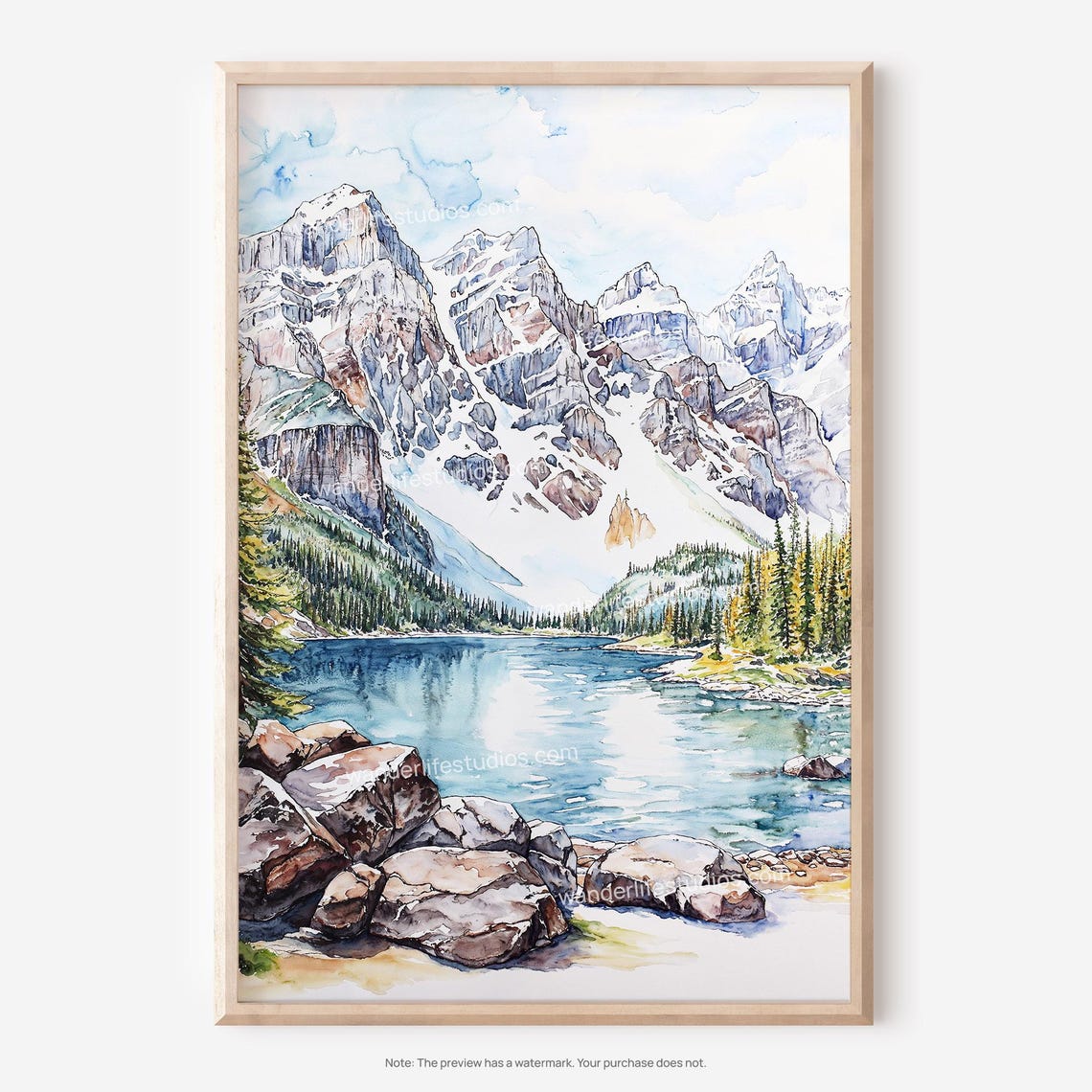 Moraine Lake Banff Ten Peaks Turquoise Watercolor Mountain Poster