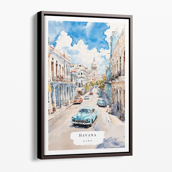 Havana Cuba Classic Cars Old Town Street Watercolor Travel Poster