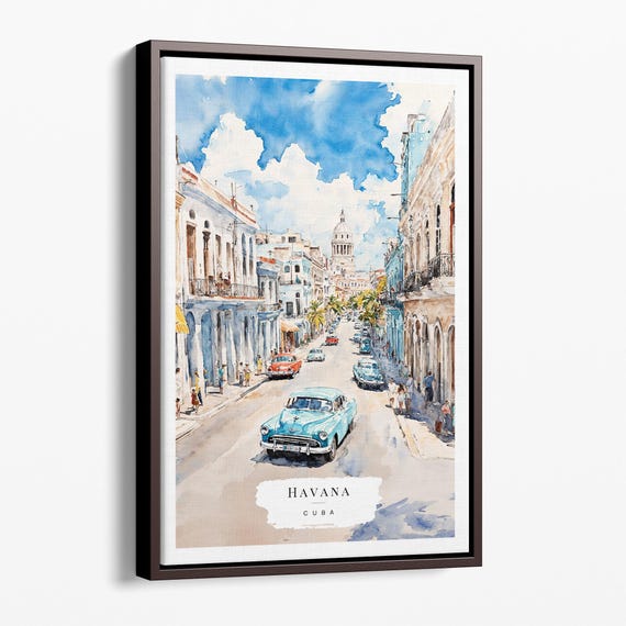Havana Watercolor Canvas Art Print City Street Scene Wall