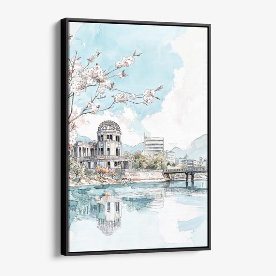 Hiroshima Watercolor Canvas Print Gentle Cityscape Wall Art