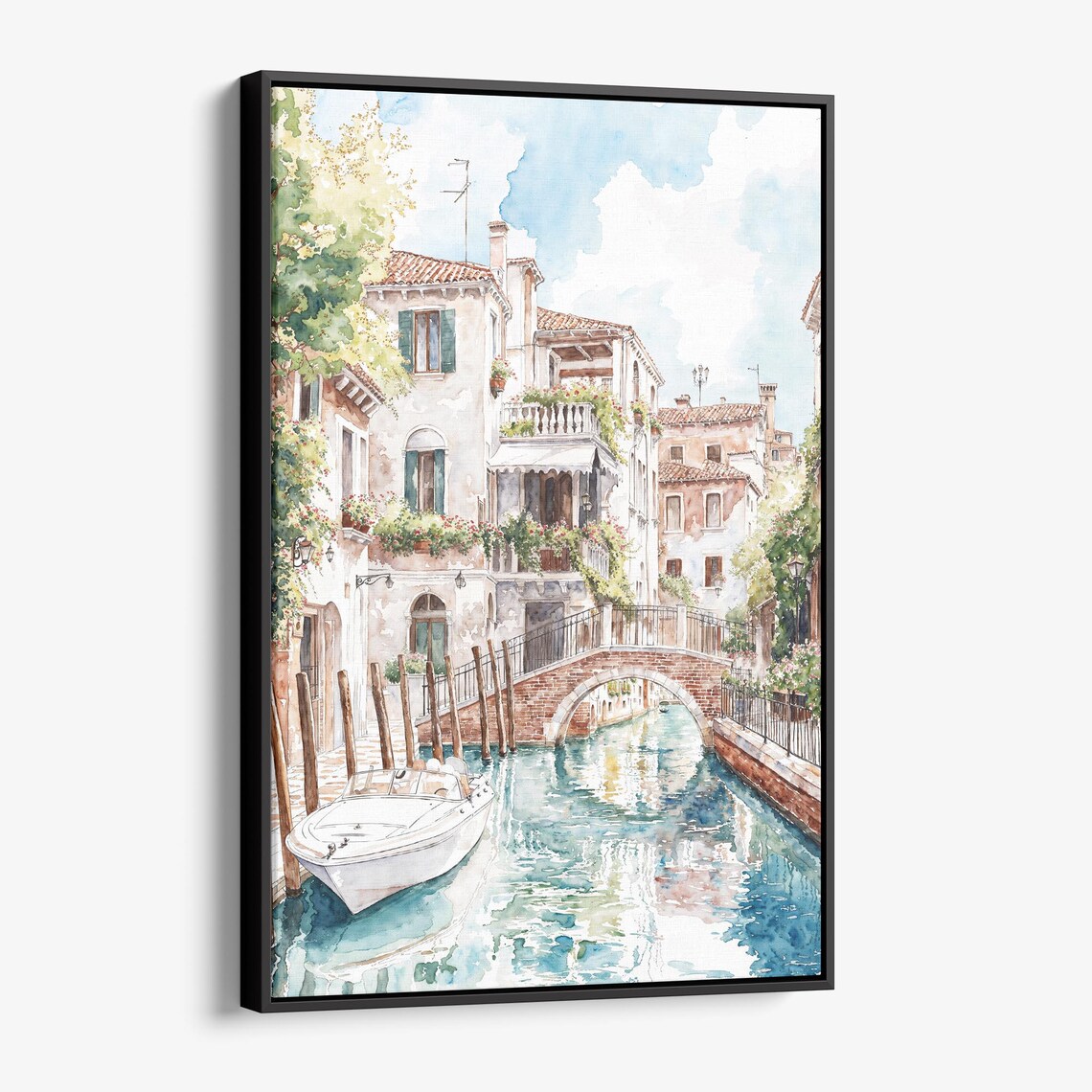Venice Italy Canal Motorboat Flower Bridge Watercolor Poster