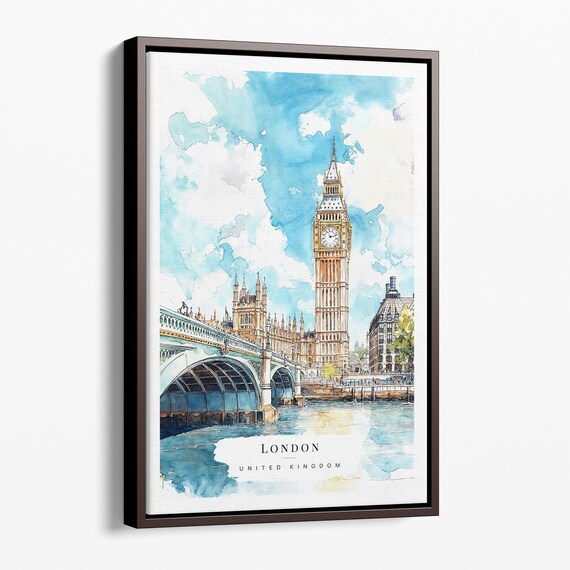 London Big Ben Watercolor Canvas Art Print Framed Cityscape Wall