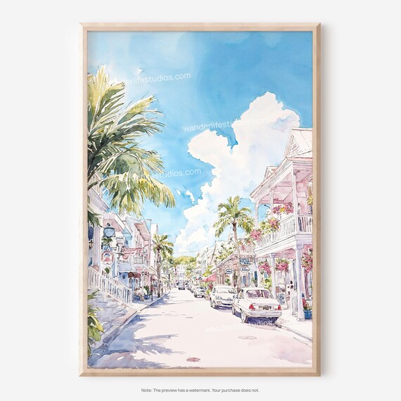 Tropical Key West Street Palm Trees Colonial Watercolor Art Poster