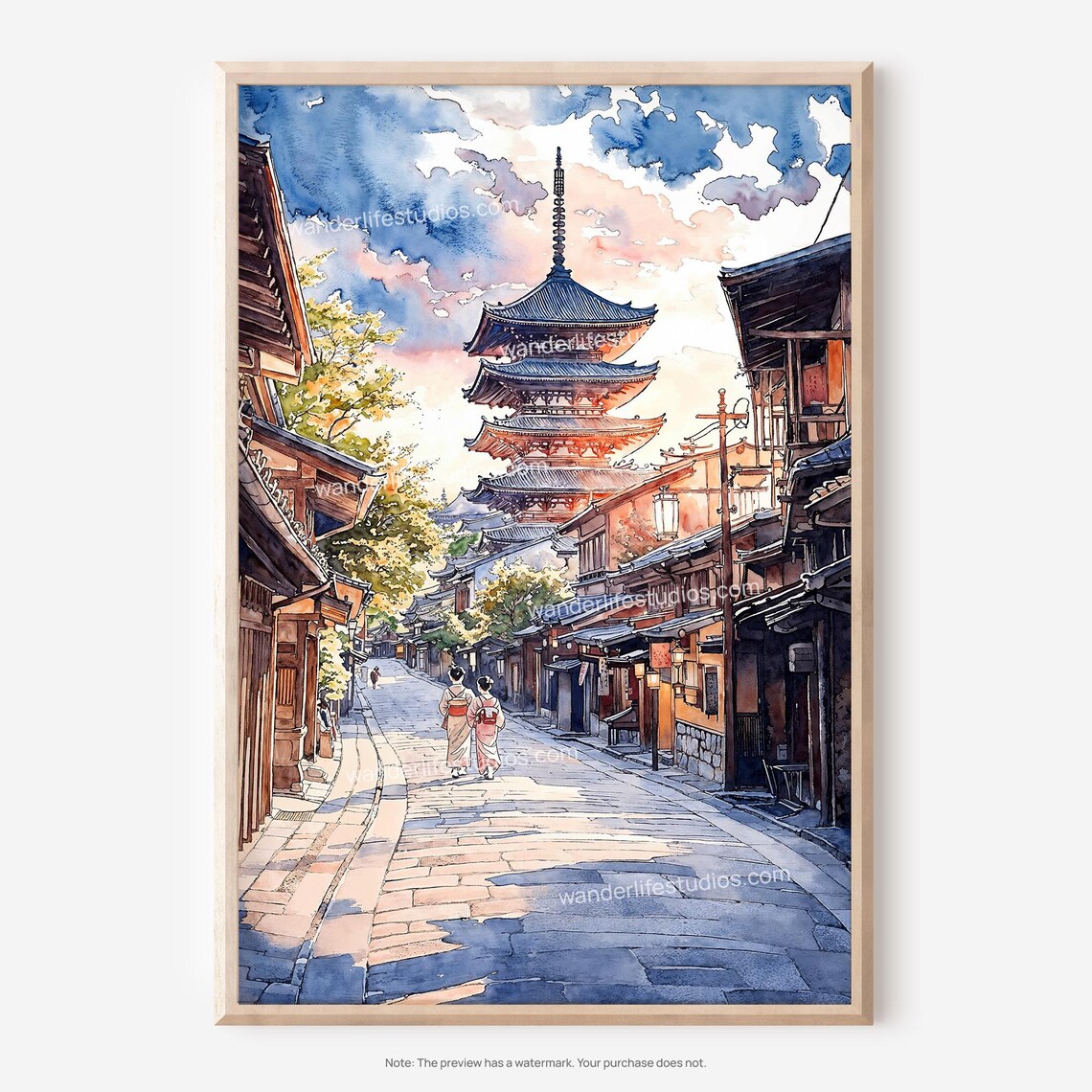 Kyoto Yasaka Pagoda Watercolor Street Scenic Japan Travel Poster