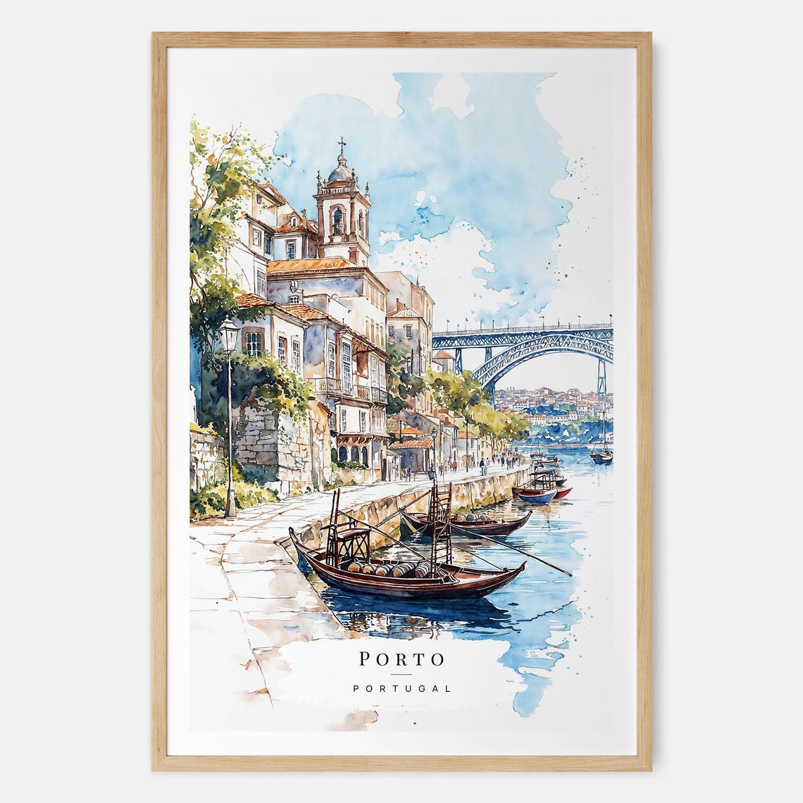 Porto Portugal Douro River Watercolor Riverside Travel Scenic Poster