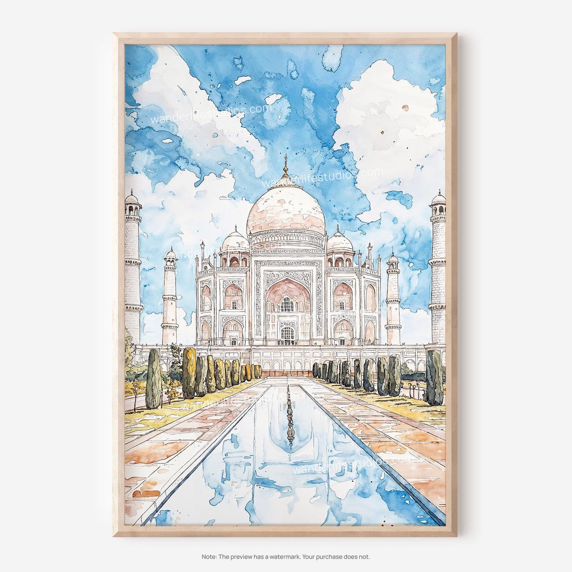 Taj Mahal Agra India Watercolor Reflecting Pool Travel Poster