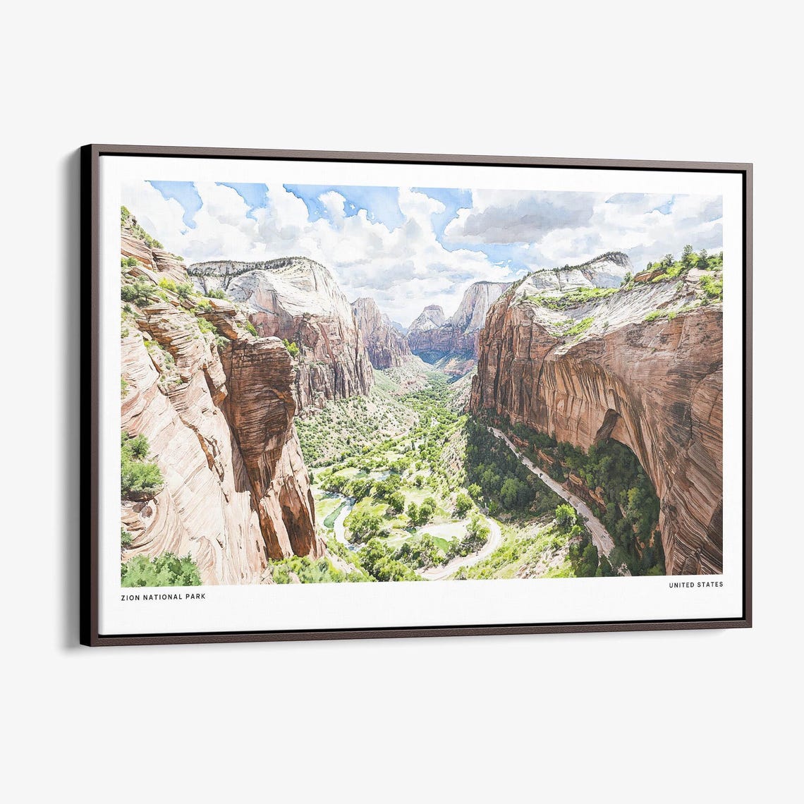 Zion National Park Red Cliffs Green Valley Watercolor Art Poster