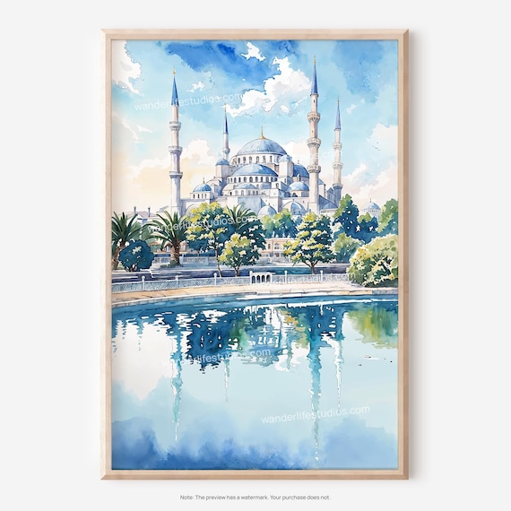 Blue Mosque Istanbul Sultan Ahmed Watercolor Reflection Painting Poster