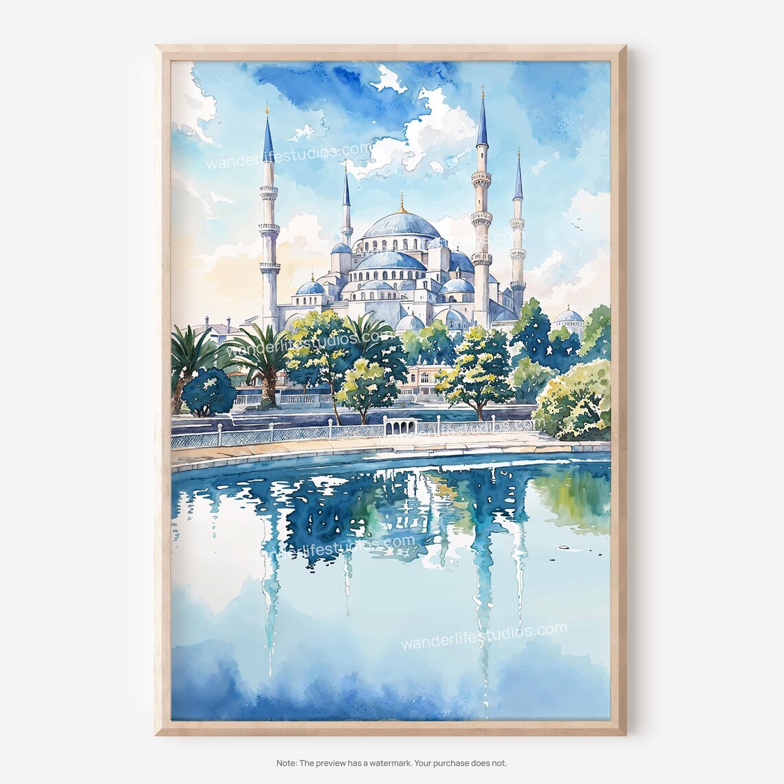 Blue Mosque Istanbul Sultan Ahmed Watercolor Reflection Painting Poster