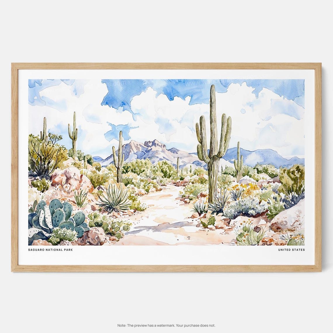 Saguaro National Park Watercolor Desert Cactus Trail Poster Arizona