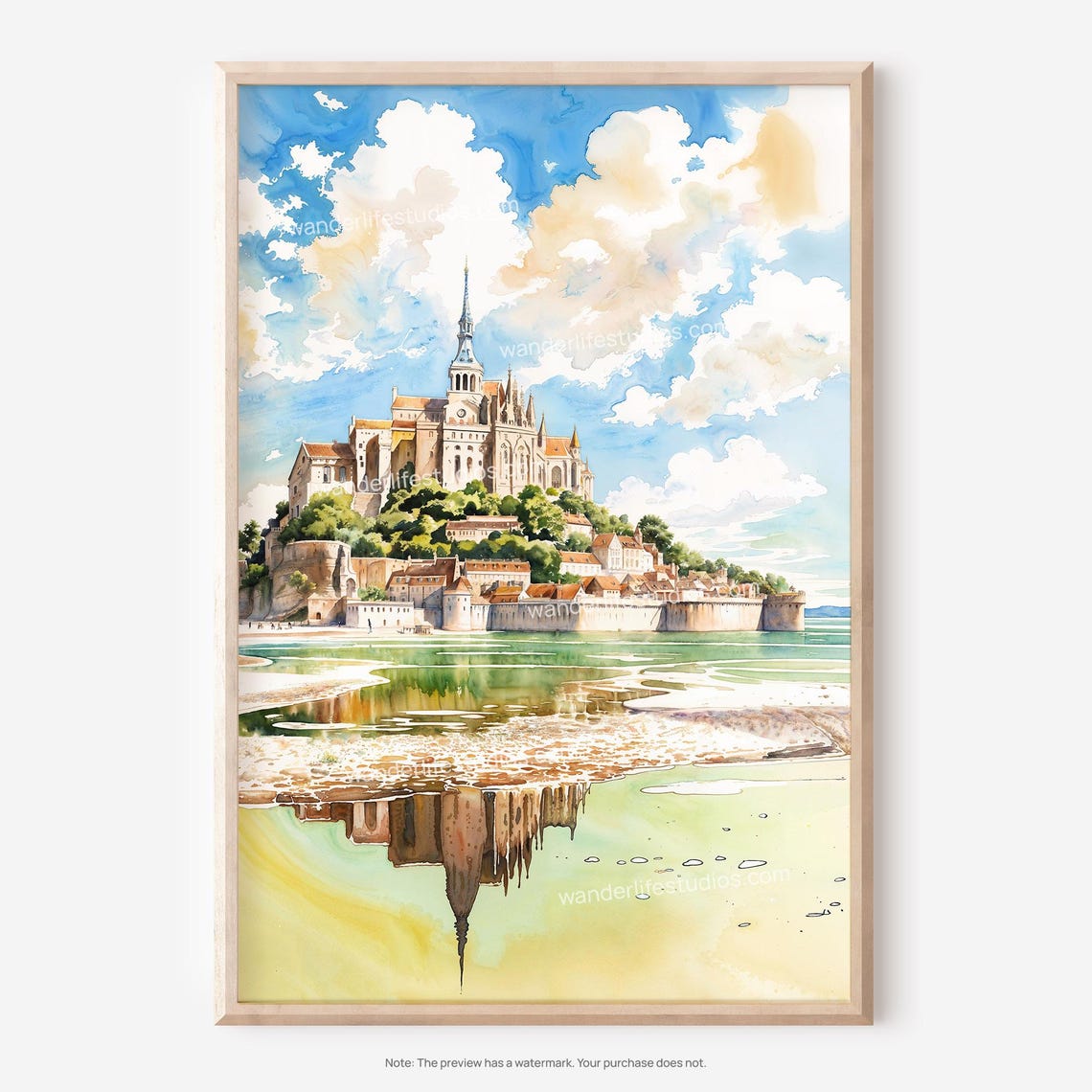 Mont Saint Michel Tidal Island Abbey Watercolor Reflection Poster