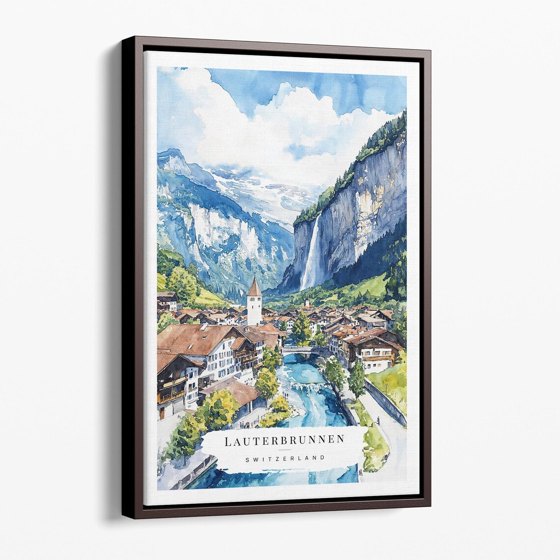 Lauterbrunnen Switzerland Watercolor Village Waterfall Travel Poster