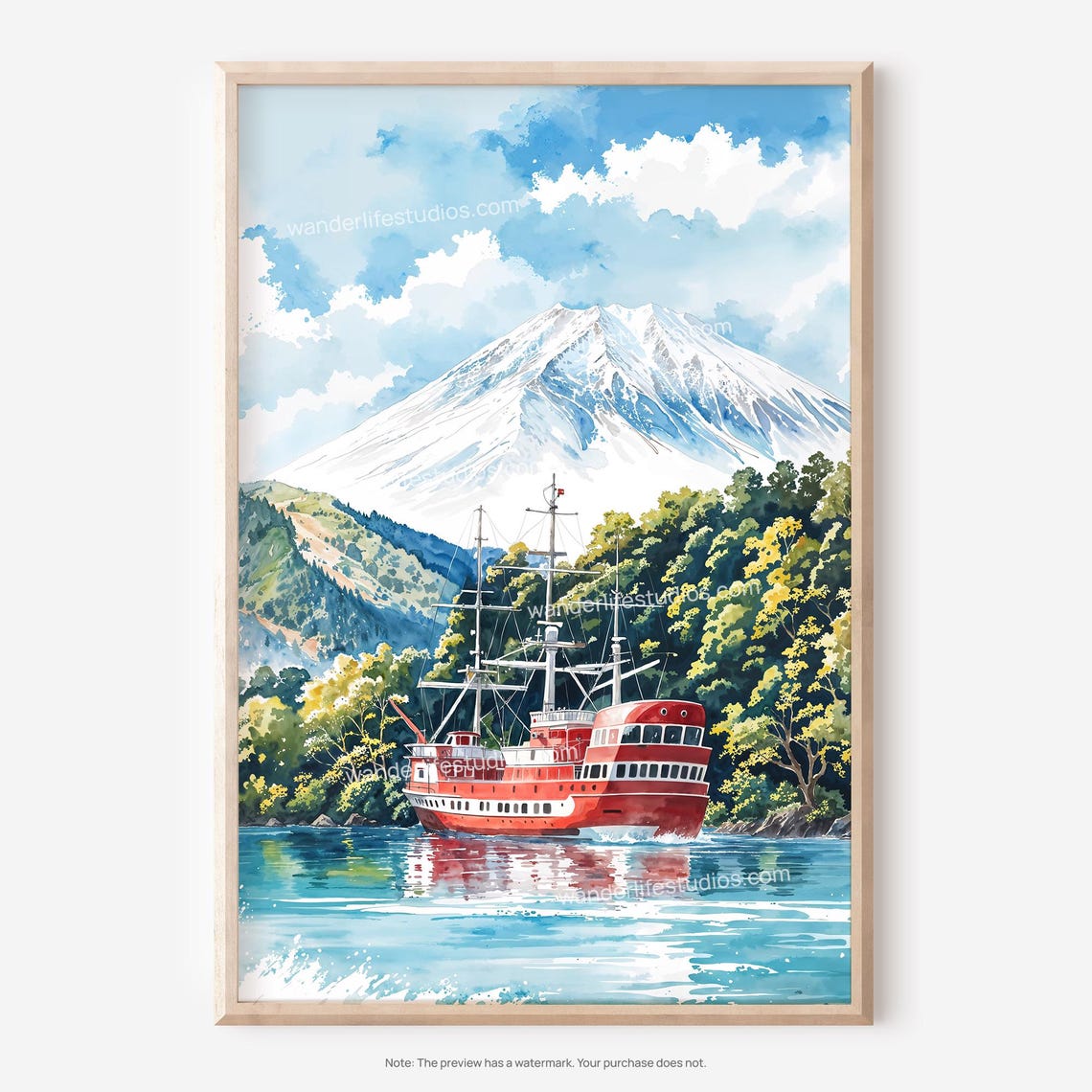 Mount Fuji Watercolor Snow Capped Peak Red Ship Lake Art Poster