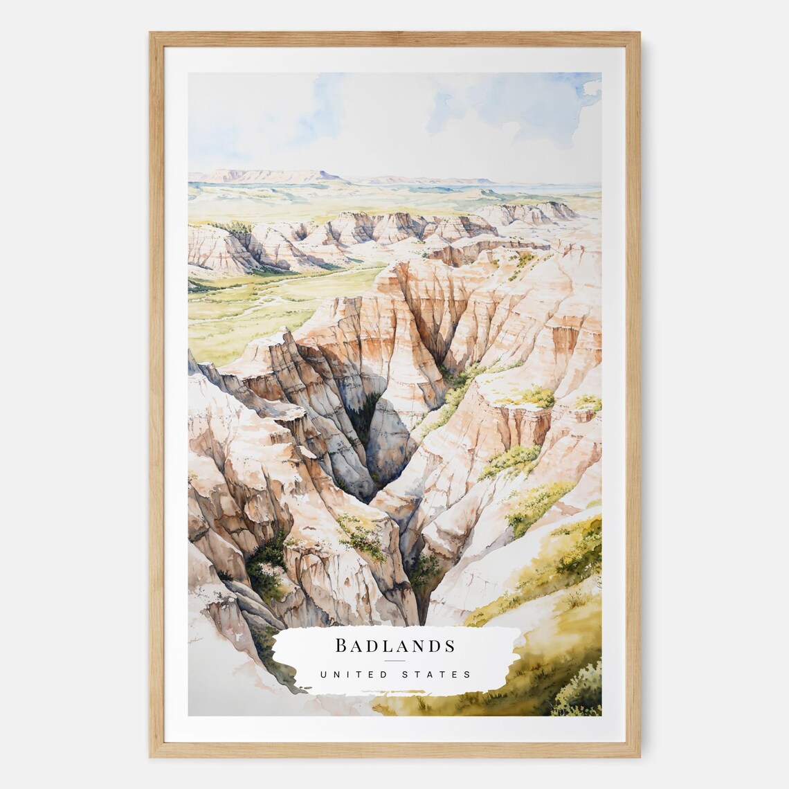 Badlands National Park South Dakota Canyon Watercolor Travel Poster