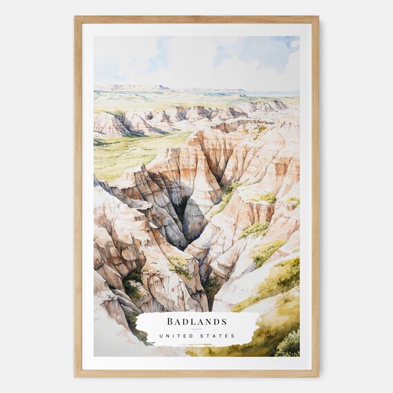 Badlands National Park South Dakota Canyon Watercolor Travel Poster