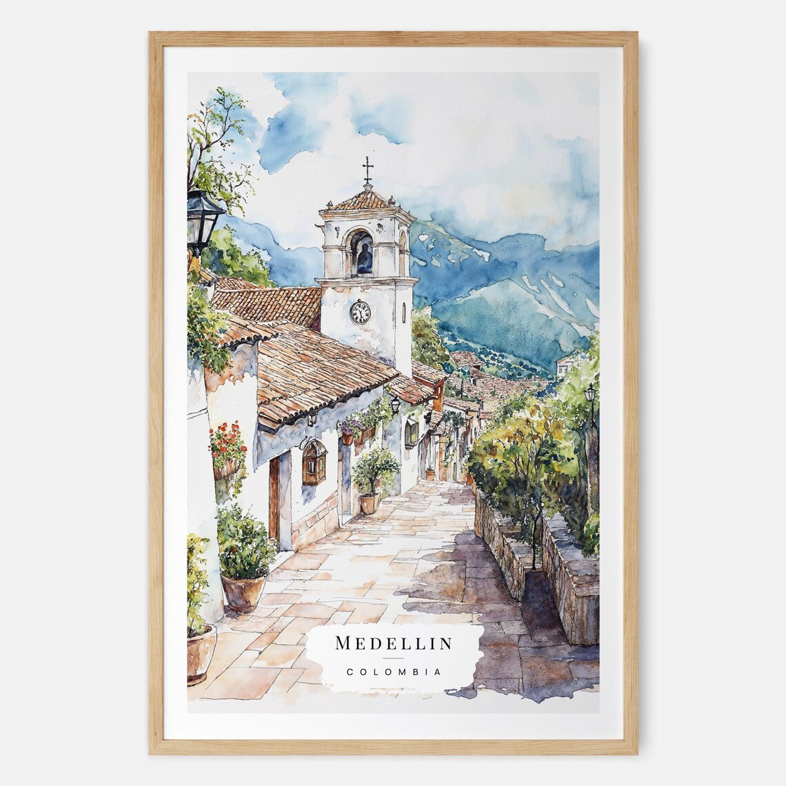 Medellin Colombia Old Town Church Bell Tower Street Watercolor Poster