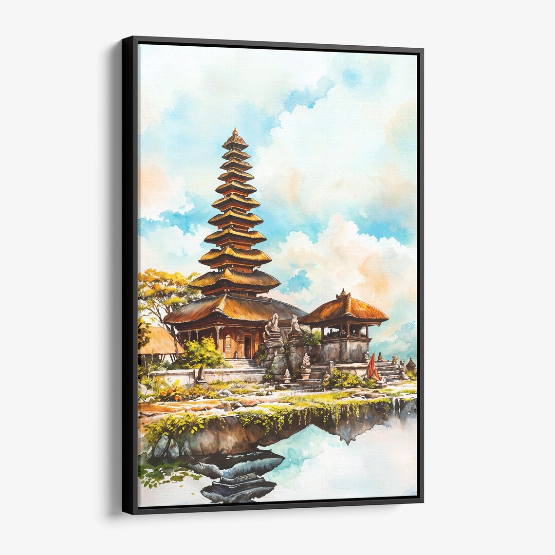 Bali Temple Tiered Pagoda Watercolor Asian Landscape Art Poster