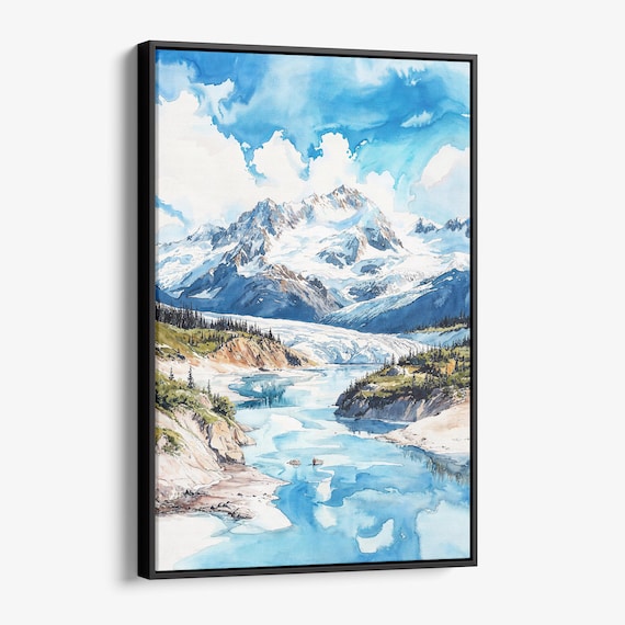 Alpine Glacier Lake Towering Snowy Peaks Wilderness Watercolor Poster
