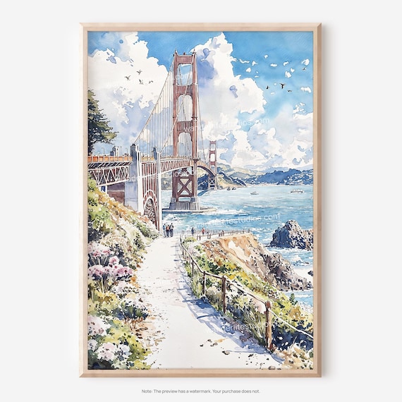 Golden Gate Bridge San Francisco Watercolor Coastal Path Poster