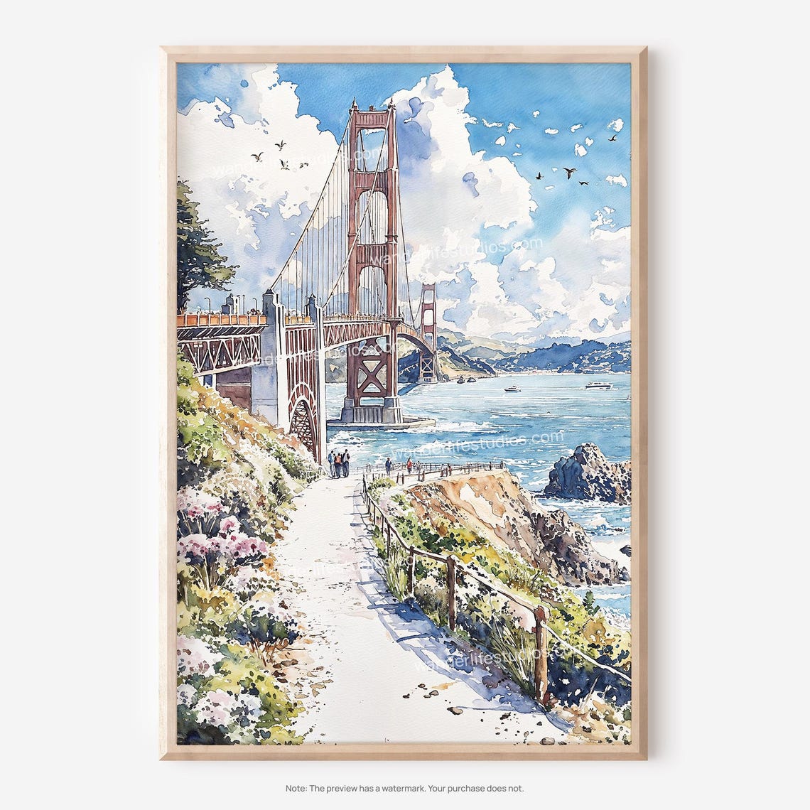 Golden Gate Bridge San Francisco Watercolor Coastal Path Poster