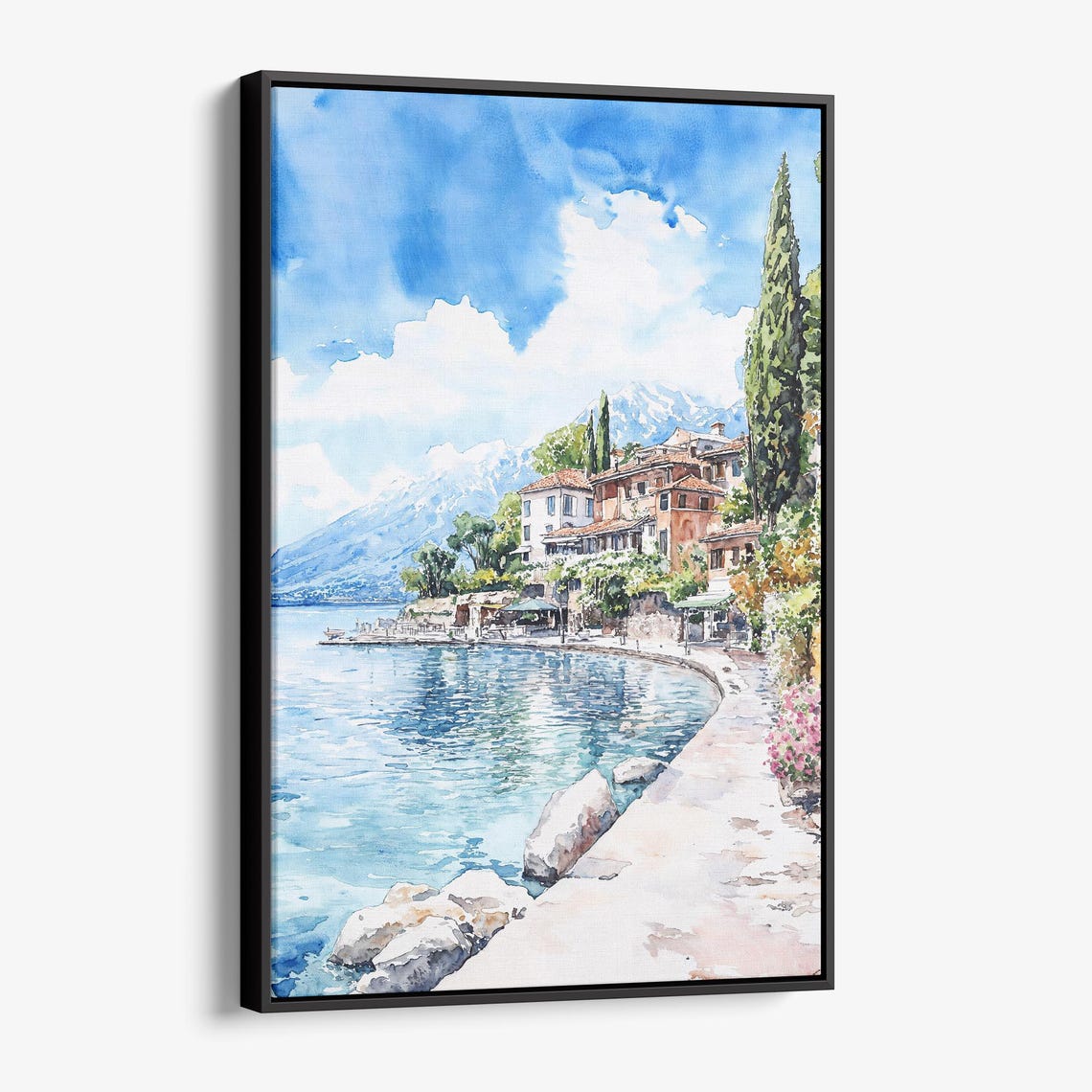 Lakeside Village With Mountains Bright Sunny Watercolor Poster
