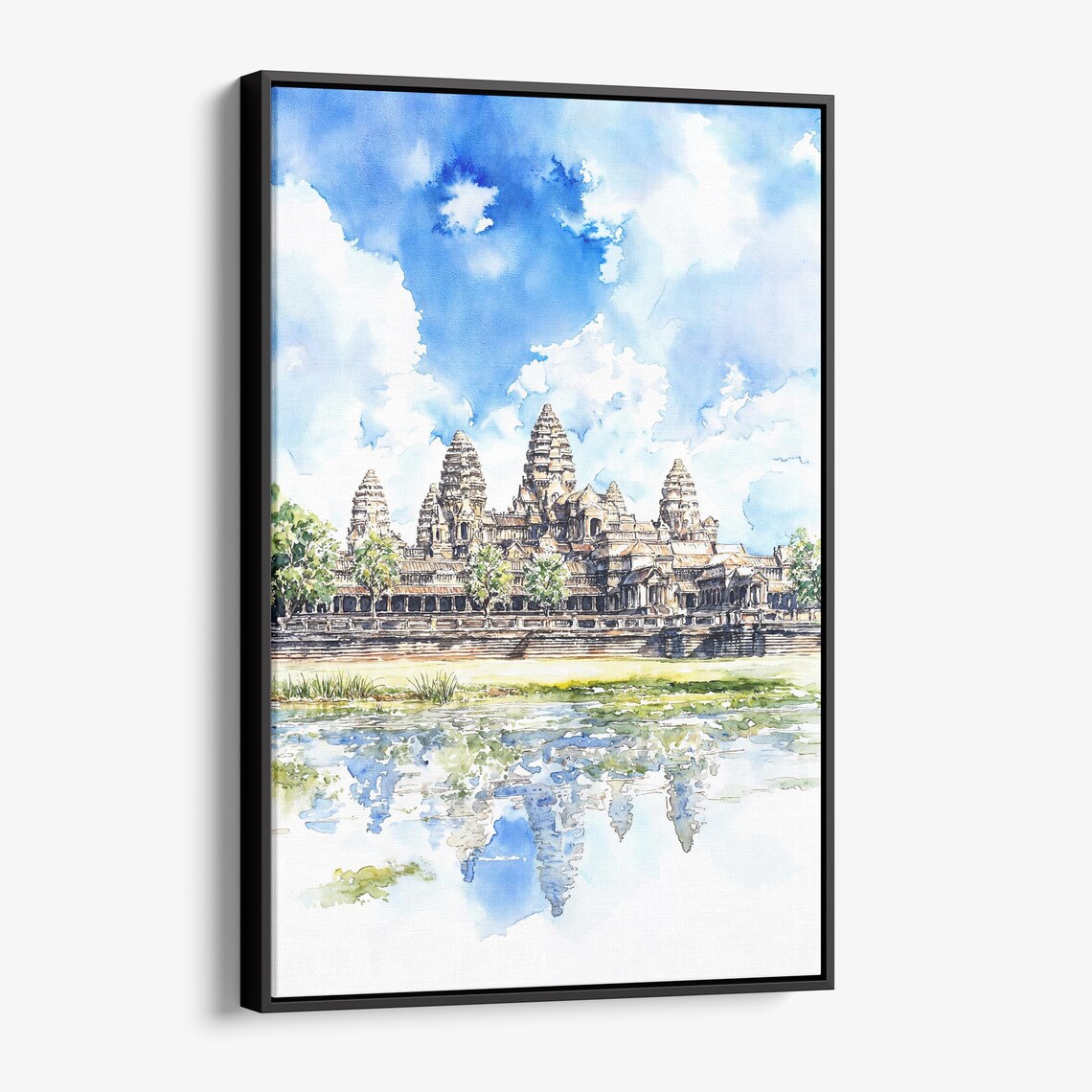 Angkor Wat Cambodia Watercolor Temple Reflection Canvas Poster