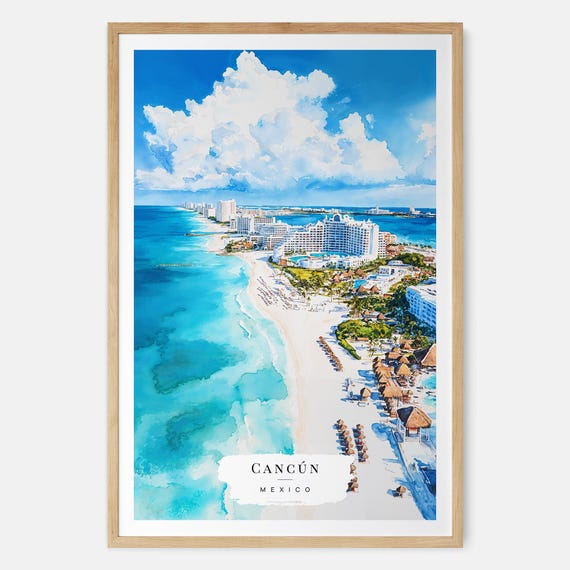 Cancn Watercolor Art Mexico Coastal Wall Beach Decor Travel Print Vacation Gift Tropical Ocean