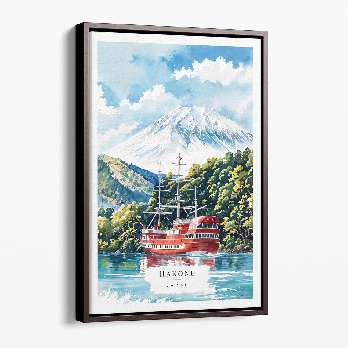 Mount Fuji Hakone Japan Watercolor Landscape Red Ship Travel Poster