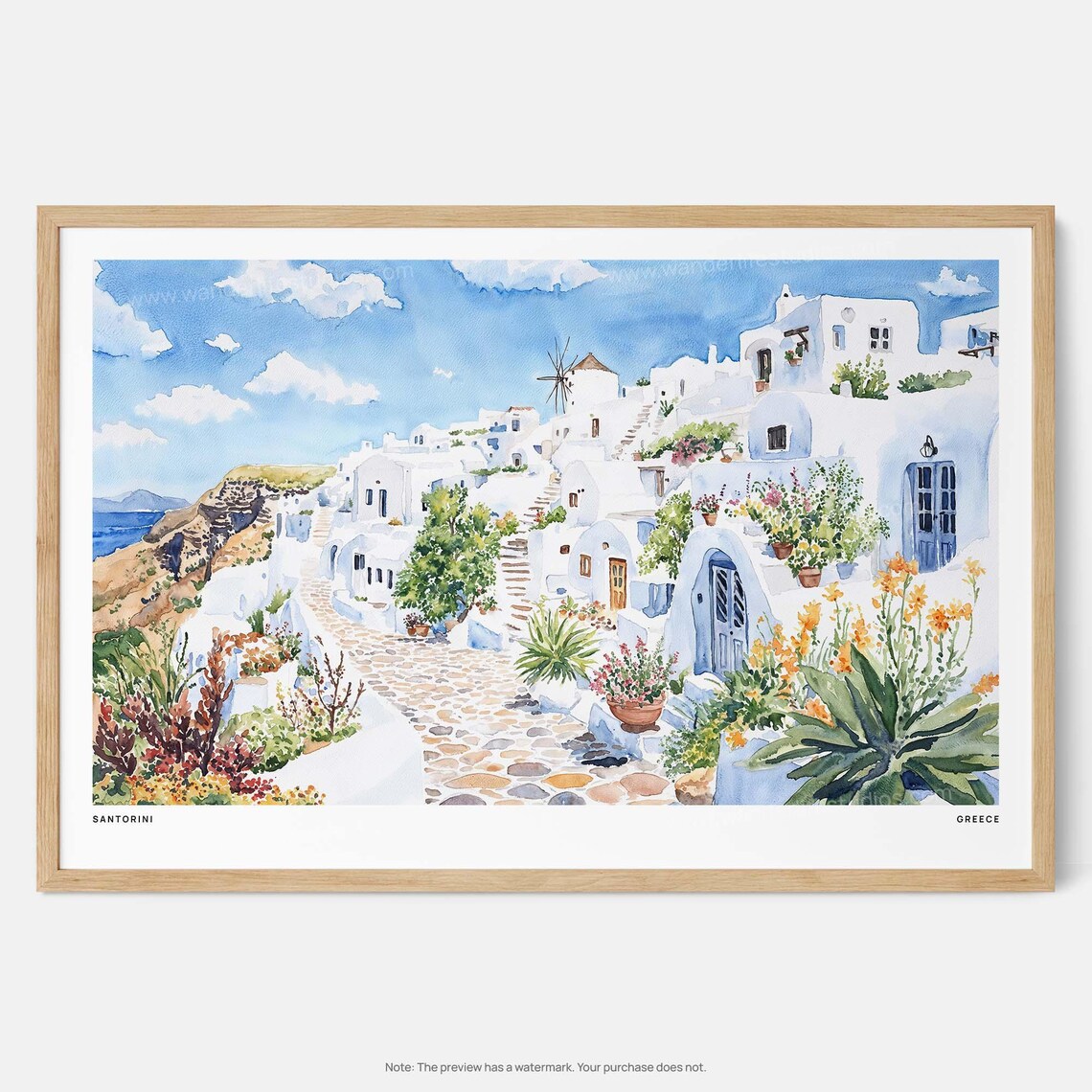 Santorini Watercolor Art Print, Greek Island Village