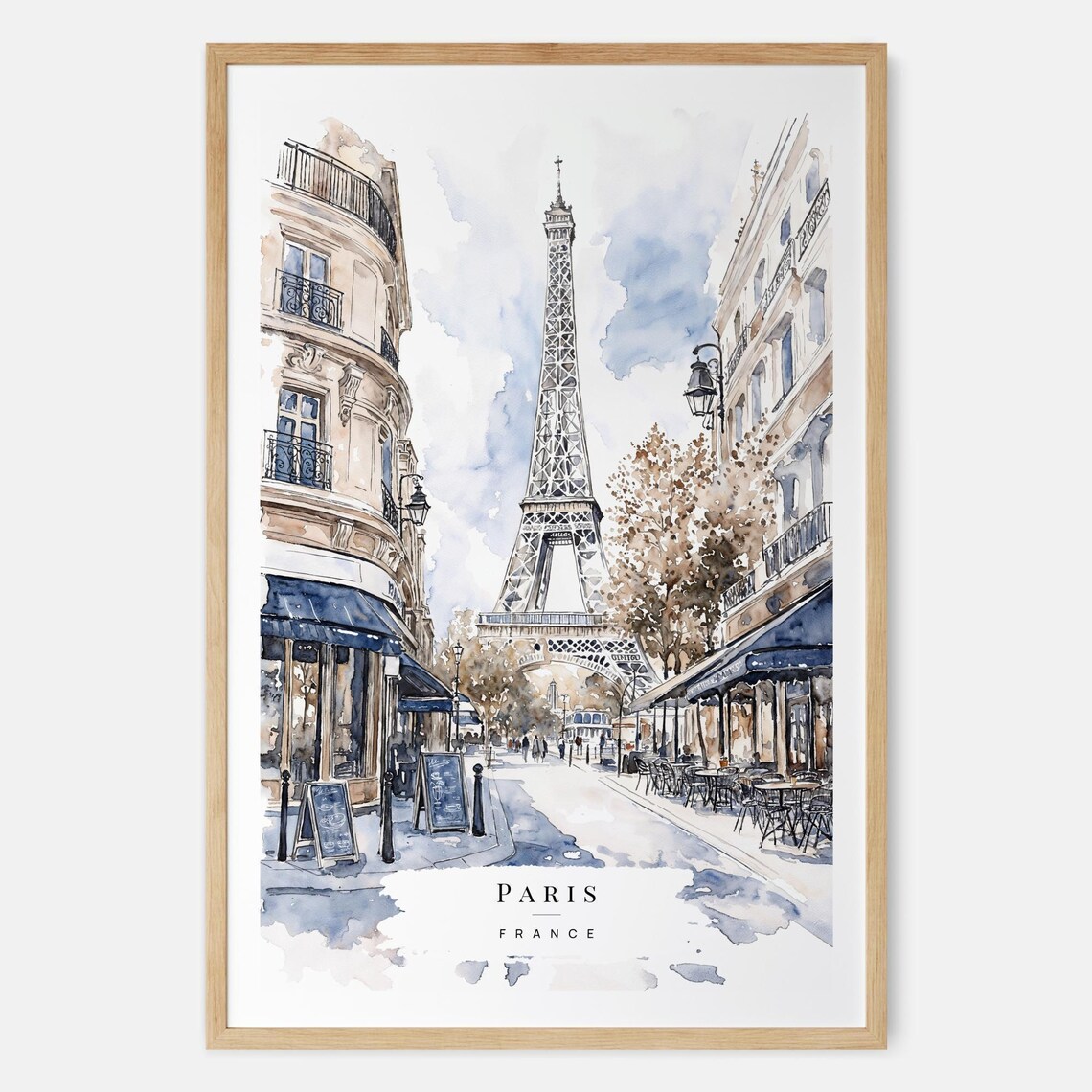 Paris Watercolor Travel Poster, France Cafes and Eiffel Tower