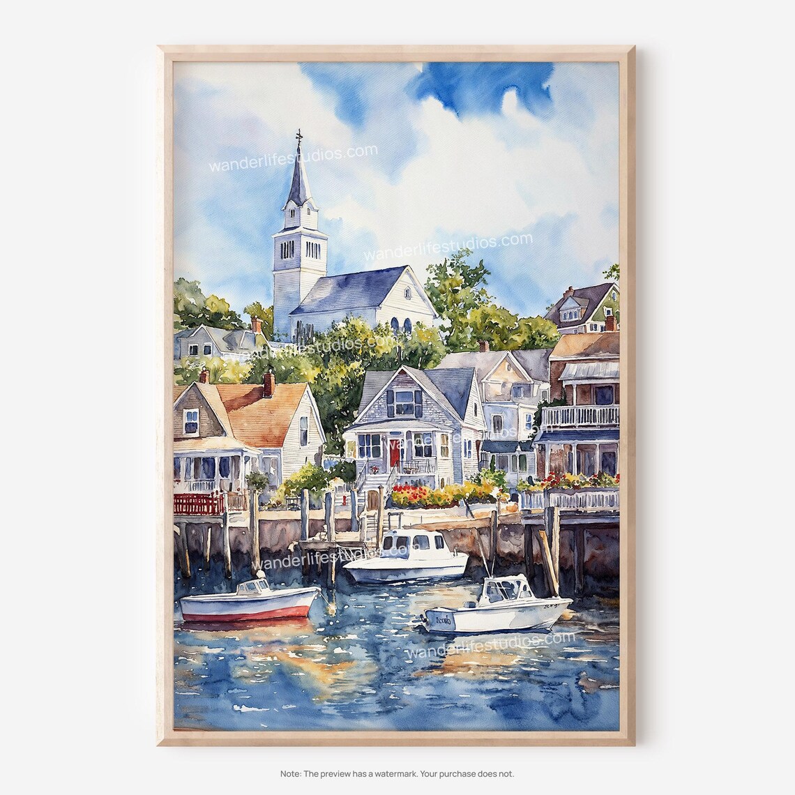 Cape Cod Watercolor Art Print, Seaside Village