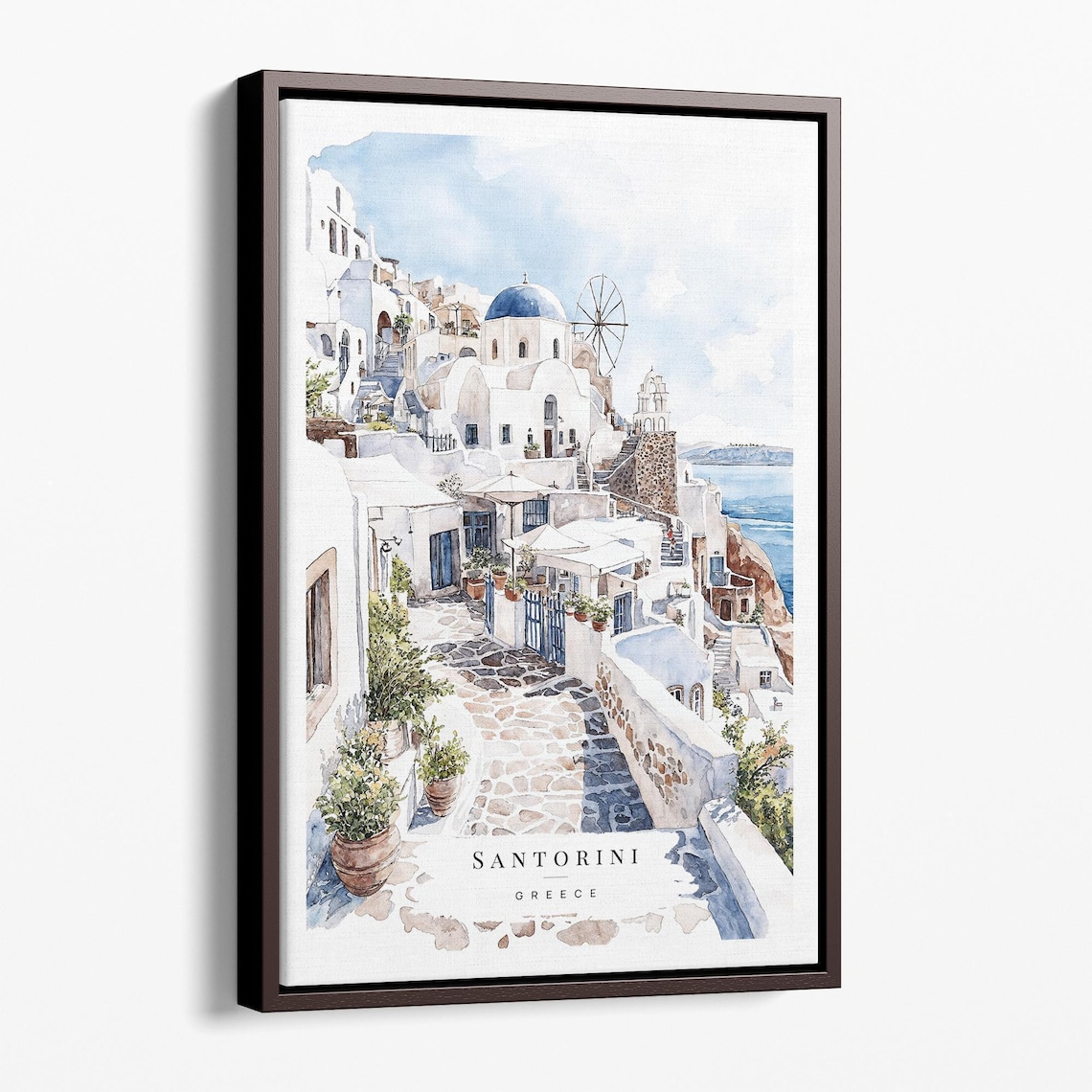 Santorini Greece White Village Blue Dome Watercolor Travel Poster