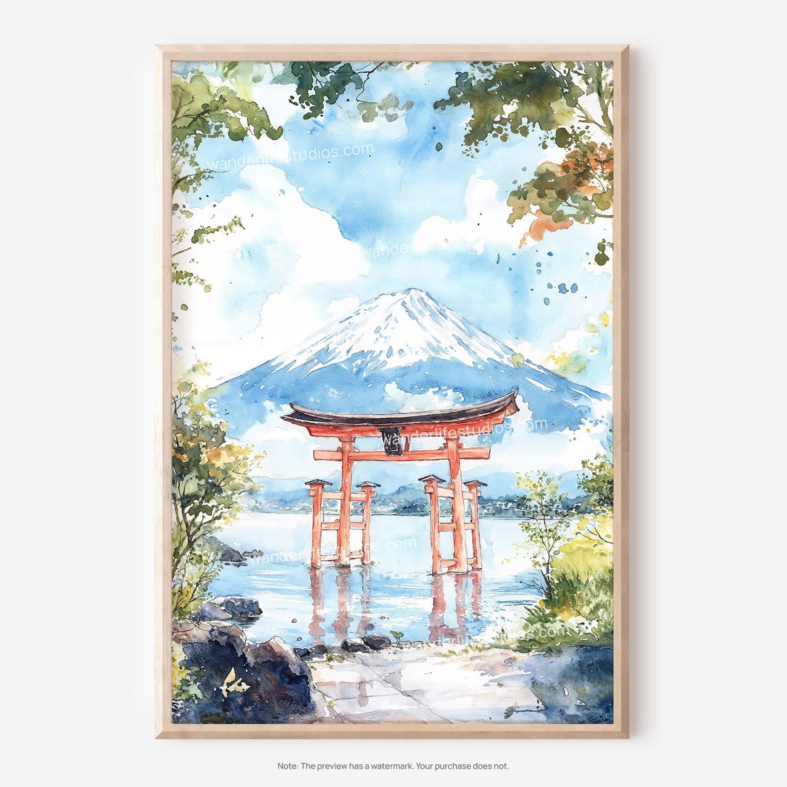Hakone Torii Gate Mount Fuji Watercolor Lake Reflection Poster