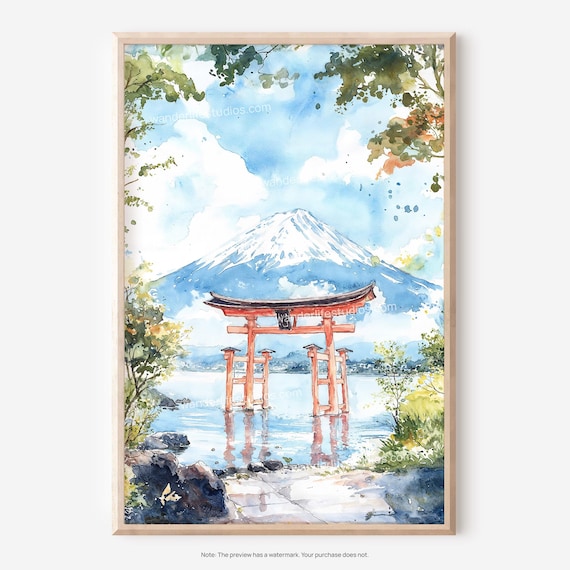 Hakone Torii Gate Mount Fuji Watercolor Lake Reflection Poster
