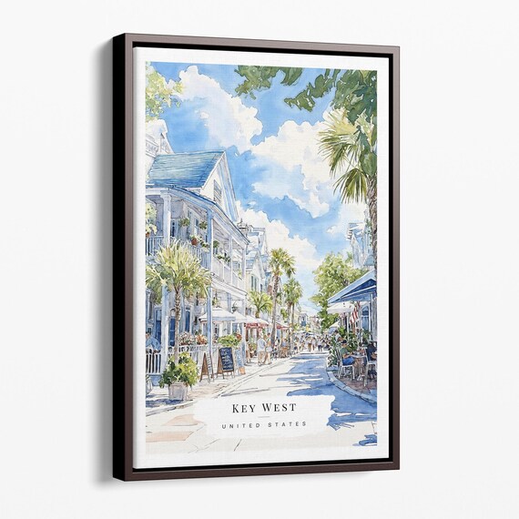 Key West Florida Watercolor Tropical Street Scene Palm Cafes Travel Poster